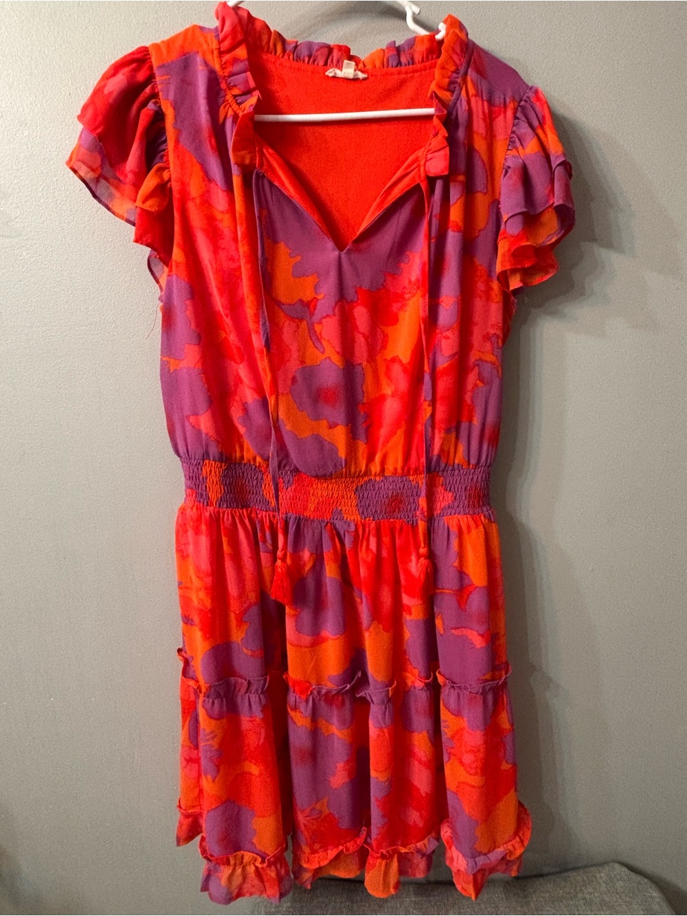 Jodifl Purple and Orange Floral Ruffle-Sleeve Dress